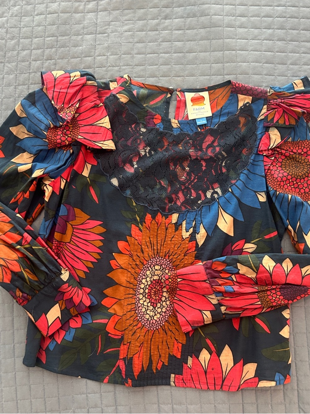 FARM Rio Navy Floral Lace-Yoke Puff Sleeve Blouse with Red, Orange & Blue Blooms